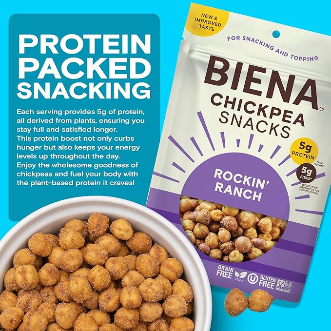 BIENA Chickpea Snacks - Crunchy Roasted Chickpeas - High Fiber Vegan Protein Snacks for Adults and Kids - 5 Ounce Individual Pack - Rockin' Ranch