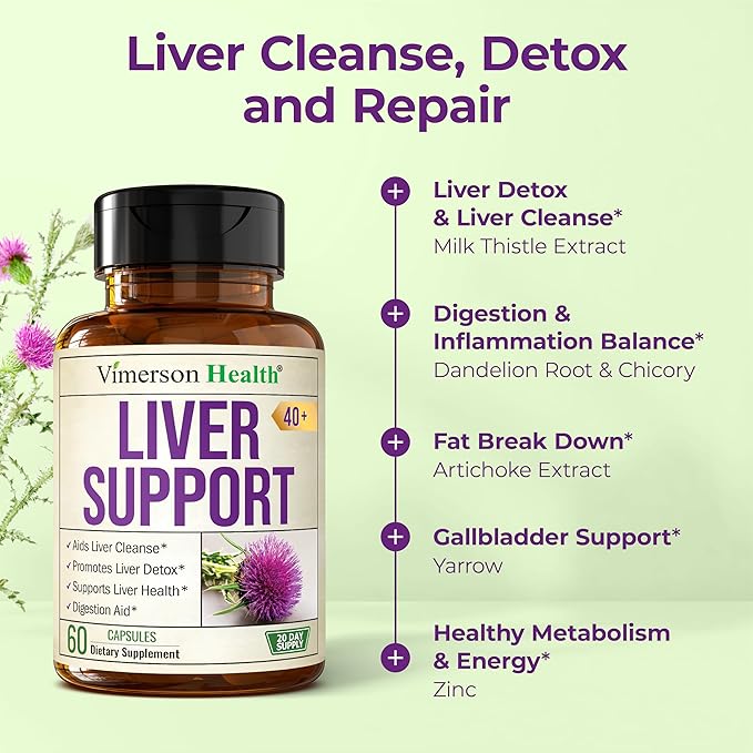 Liver Support with Artichoke Extract, Enzymes, Silymarin 50% Milk Thistle, Dandelion Root, Lipase & Protease, Solarplast® Antioxidants – Supports Detox, Digestion & Energy. 60 Capsules, 20 Day Supply