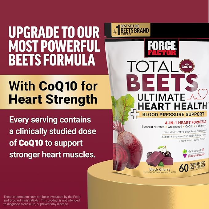 Force Factor Total Beets Gummies, Blood Pressure Support, Liposomal Beet Powder for Superior Absorption, Grape Seed for Nitric Oxide, Circulation & Heart Health, Sugar Free, Mixed Berry, 60 Gummies
