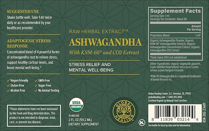 Global Healing Center - Organic Ashwagandha Supplements Drops - KSM-66 Ashwagandha Extra Strength for Men & Women, Helps Promote Relief from Stress, Mood Support, Organic (2 Fl Oz) (Pack of 2)