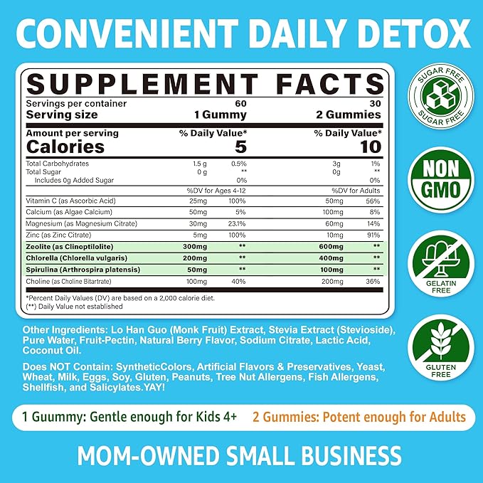 Zeolite Dêtõx for Kids & Adults, Sugar Free Kids Tõxin Dêtõx Gummies w/ Chlorella, Spirulina, Minerals, Choline - Gentle Heavy Mêtâl Dêtõx for Digestive, Immune, Focus, Energy, Bone, Vegan, 120cts