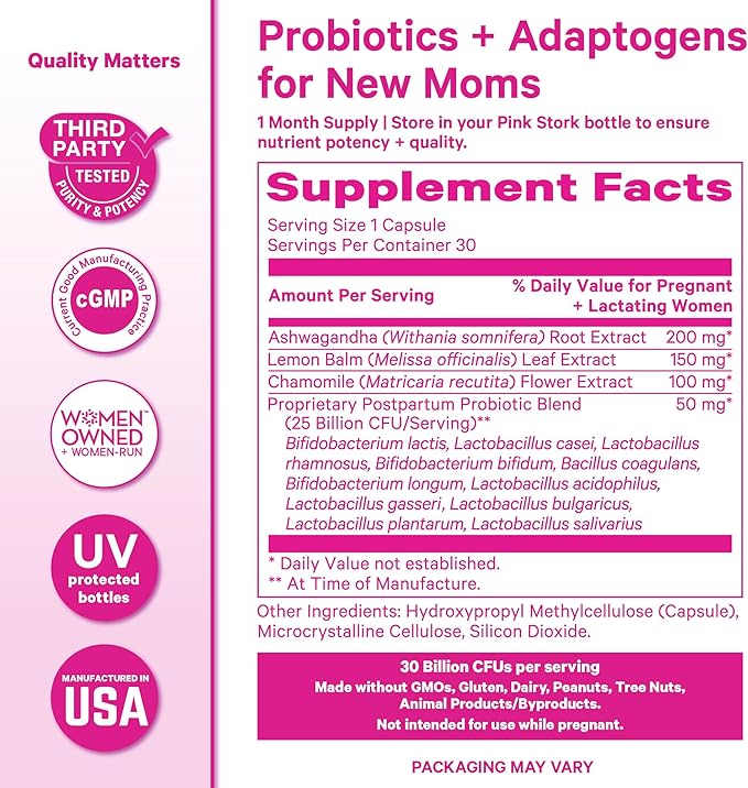 Pink Stork Probiotics for Postnatal Women - 30 Billion CFUS with Ashwagandha and Chamomile, Postpartum Essentials for Hormone Balance, Mood Support, Gut Health, Digestive Wellness, 30 Capsules