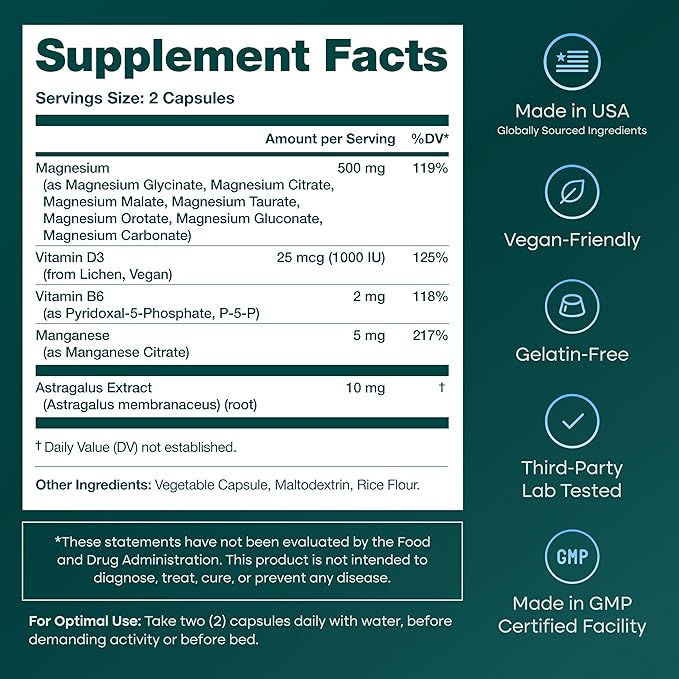 Magnesium Glycinate Complex (7-in-1) 500mg with D3 & B6 P5P - Multi-Form Blend with Glycinate, Citrate, Malate, Taurate, Gluconate, Carbonate, & Orotate - Supports Sleep and Muscle Health [Oxide-Free]
