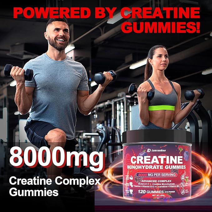 Creatine Monohydrate Gummies for Men & Women with L-Carnitine & Taurine, Sugar Free Chewable Creatine Pre-Workout Supplement for Muscle Strength, Muscle Builder, Energy Boost (Raspberry Flavor)