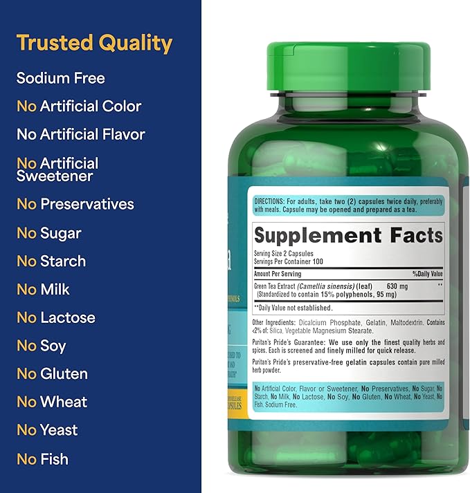Puritan's Pride Green Tea Standardized Extract 315mg, Dietary Herbal Supplement for Antioxidant Health Support, EGCG, 3 Month Supply, 200 Rapid Release Capsules