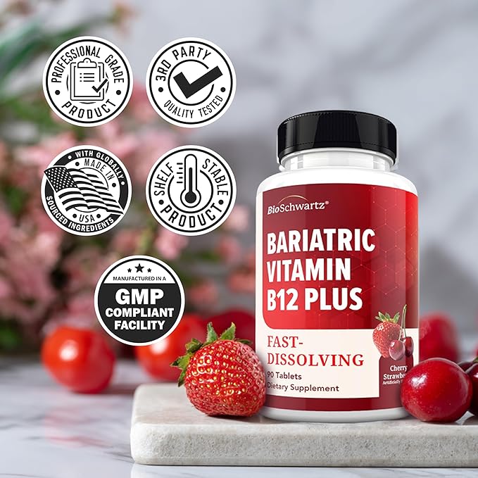 BioSchwartz Bariatric B12 Plus Dissolvable Tablets - 1000mcg Vitamin B12, Vitamin B6, Folate, Biotin - Cherry Strawberry Flavor, 3-Month Supply, Third Party Tested, for Bariatric Patients, 90 Count