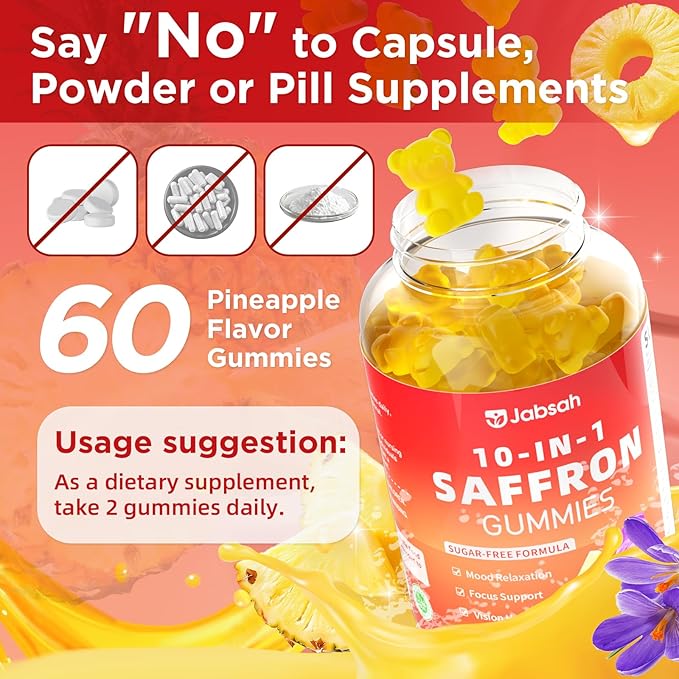 Saffron Gummies for Adult Kids, 10-IN-1 Saffron Supplements with Saffron Extract 88.5 mg, Vitamin D3, B6, B12, L-Theanine, St. John's Wort, Ashwagandha for Mood, Focus, Calm, Melatonin-Free, 60 Count