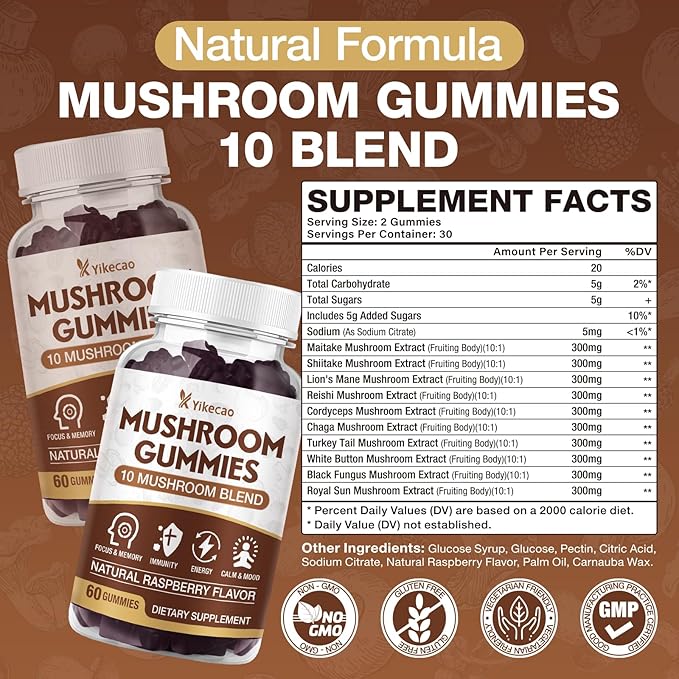 2 Pack Mushroom Gummies for Adults, 10 Blend Mushroom Supplement with Lions Mane, Cordyceps, Reishi, Chaga and Turkey Tail for Focus and Energy, Raspberry Flavor, 120 Count