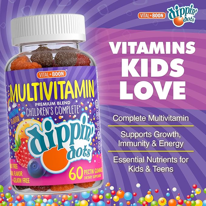 Dippin' Dots - Multivitamin Gummies for Kids Rainbow Fruit Flavor Complete Multivitamin Chewy Gummies Vitamin A, B, C, D3, E, B6, Zinc - 60 Count