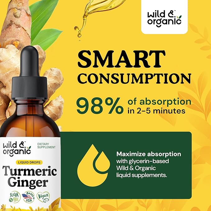 Wild & Organic Turmeric and Ginger Supplement Drops - Joint & Immune Support - Liquid Turmeric with Ginger and Black Pepper Extract - Curcumin Supplement - Vegan, Sugar & Alcohol-Free Tincture - 2 oz