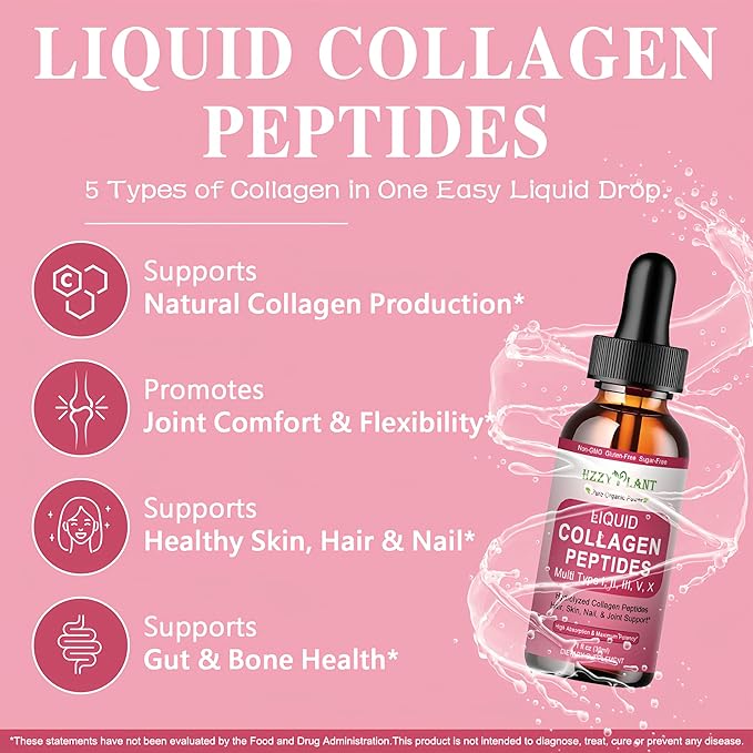 Liquid Collagen Peptides - Multi Collagen for Women Type I, II, III, V, X with Glucosamine, MSM, Hyaluronic Acid, High Absorption Hydrolyzed Collagen Peptides Drops for Skin Hair Nail & Joint, Non-GMO