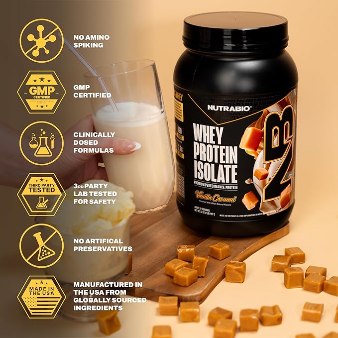 NutraBio 100% Whey Protein Isolate Protein Powder, 25g Protein with Complete Amino Acid Profile, Non-GMO, Soy & Gluten Free, Low Carb, Low Calorie Whey Protein Powder, Vanilla Caramel, 2 Lbs