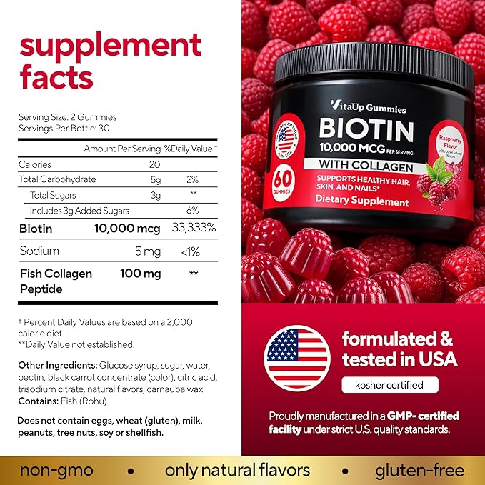 Biotin Gummies 10000mcg for Women and Men - Extra Strength Hair, Skin and Nails Gummies with Collagen - Natural Biotin Gummy Supplement for Hair, Skin, Nails Support - 60 ct