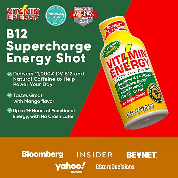 Vitamin Energy B12 11,000% Extra Strength Energy Shot Mango 48 Pack, 260mg Natural Caffeine, B12 & B6, Nootropic Focus, Vitality, Zero Sugar, Gluten-Free, Vegan, Kosher, 1.93 fl oz