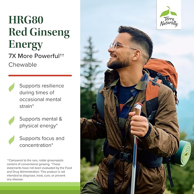 Terry Naturally HRG80 Red Ginseng Energy - Support Healthy Energy & Focus - Herbal Supplement with Korean Red Ginseng Root Powder - Vegan Tablets to Aid Healthy Endurance - 30 Chewable Tablets