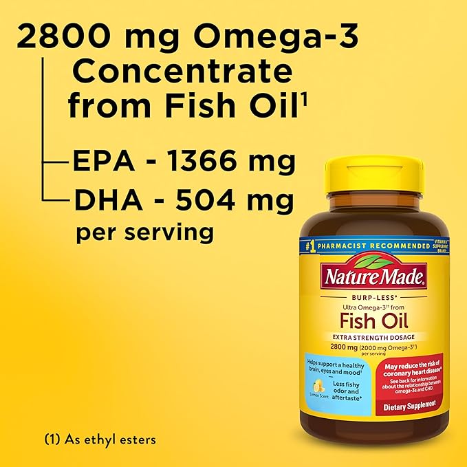 Nature Made Extra Strength Omega 3 Fish Oil Supplements, 2800mg, Fish Oil Omega 3 Supplements as Ethyl Esters for Healthy Heart, Brain, Eyes, Mood Support, 60 Softgels, 30 Day Supply