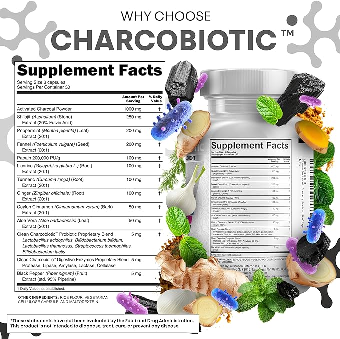 Activated Charcoal Pills for Gas Relief and Debloat, CharcoBiotic with Probiotics Digestive Enzymes Shilajit Peppermint Fennel Ginger Turmeric Licorice Root Aloe Vera Ceylon Cinnamon, Clean Nutra 90ct
