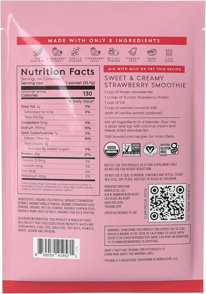 Truvani Vegan Pea Protein Powder | Strawberry | 20g Organic Plant Based Protein | 1 Serving | Keto | Gluten & Dairy Free | Low Carb | No Added Sugar