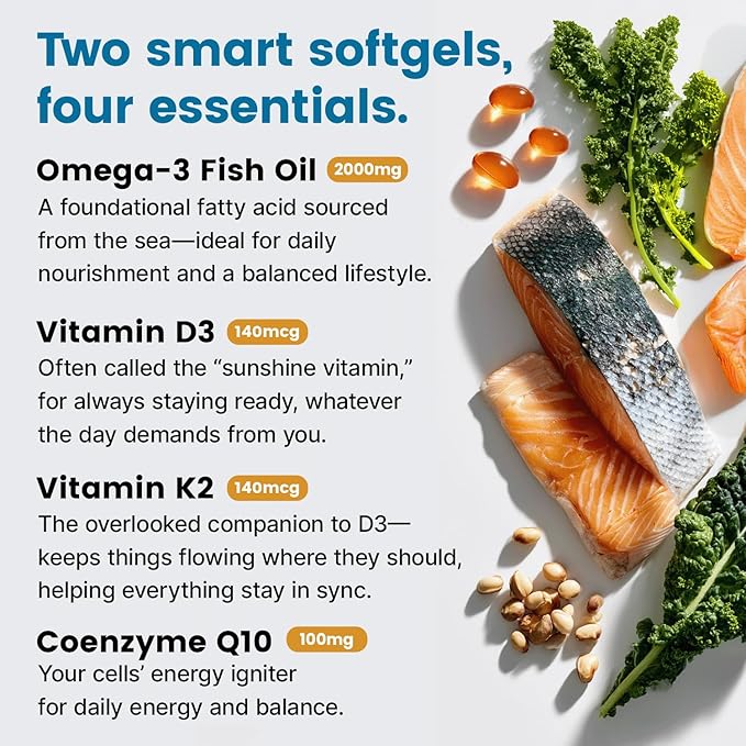 4-in-1 Fish Oil Omega 3 Fatty Supplements (2100mg) - Omega 3 Fish Oil with Vitamins D3 K2 and CoQ10 - Lemon Flavored (120 softgels)