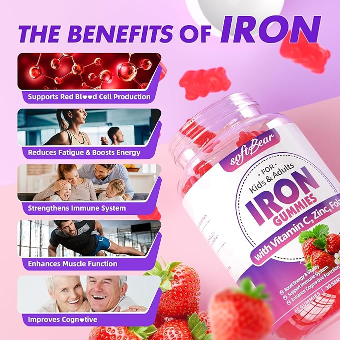 softbear Iron Gummies for Women & Men & Kids, Chewable Iron Supplements with Vitamin C,B3,B5,B6,B12 Supports Immune System, Energy & Vitality, Sugar-Free/Vegan, Strawberry Flavor 120 Count