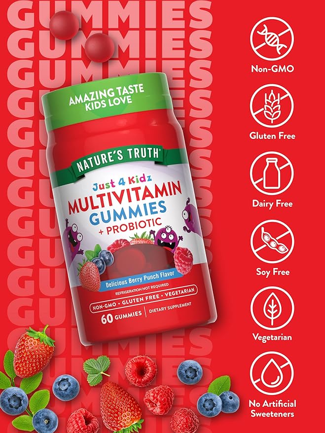 Nature's Truth Kids Multivitamin Gummies with Probiotics | 60 count | Berry Punch Flavor | Vegetarian, Non-GMO & Gluten Free Supplement
