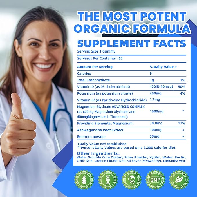 Potassium Magnesium Gummies - High Absorption Magnesium Glycinate & Potassium Citrate Plus Omega 3, B6, D3, K2 & Calcium - Chewable Gummy for Leg Cramps, Immunity & Energy-Blueberry 60 Gummies