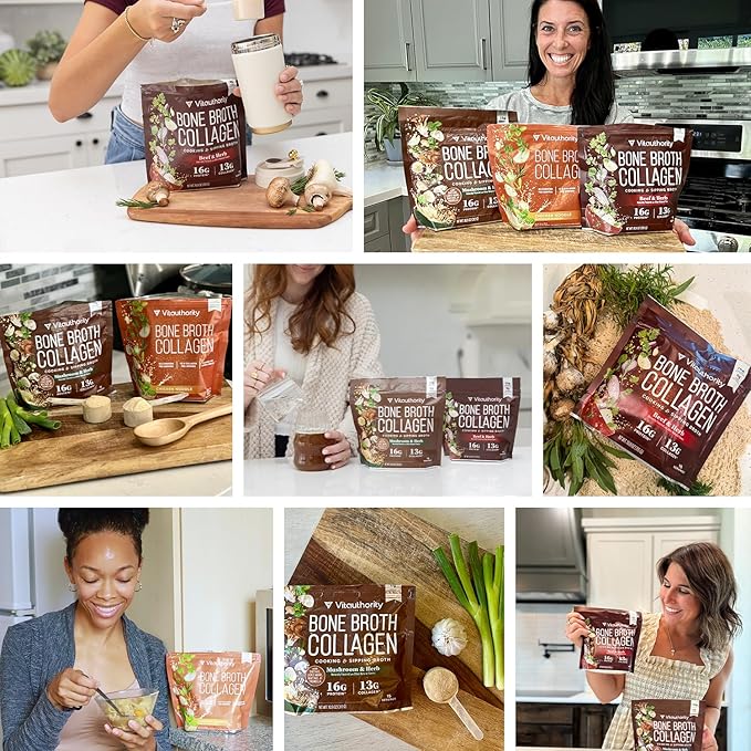 Bone Broth Collagen Powder 16g Collagen Protein per Serving Supports Joints Skin Nails & Gut Health Made from Real Beef Bone Broth Savory Collagen for Soups & Stews Mushrooms Herb Flavored 15 Servings