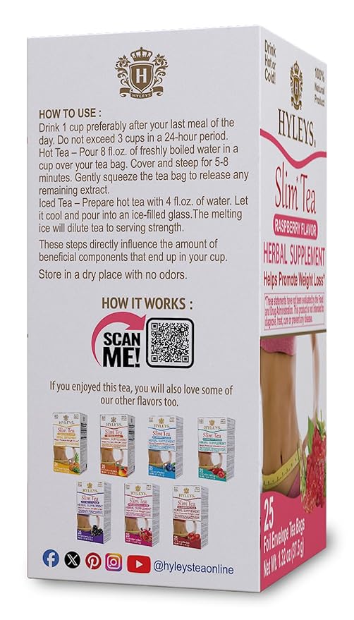 Hyleys Slim Tea Raspberry Flavor - Weight Loss Herbal Supplement Cleanse and Detox - 25 Tea Bags (6 Pack)