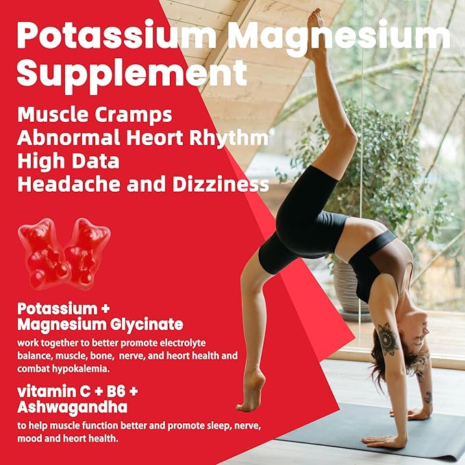 Potassium Magnesium Gummies - High Absorption Magnesium Glycinate & Potassium Citrate Plus Omega 3, B6, D3, K2 & Calcium - Chewable Gummy for Leg Cramps, Immunity & Energy Strawberry 60 Gummies