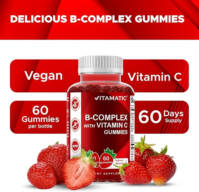 Vitamatic Vitamin B Complex Gummies with Vitamin C & Inositol - Natural Strawberry Flavor - 60 Gummies (2 Bottles)