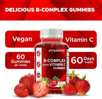 Vitamatic Vitamin B Complex Gummies with Vitamin C & Inositol - Natural Strawberry Flavor - 60 Gummies (2 Bottles)