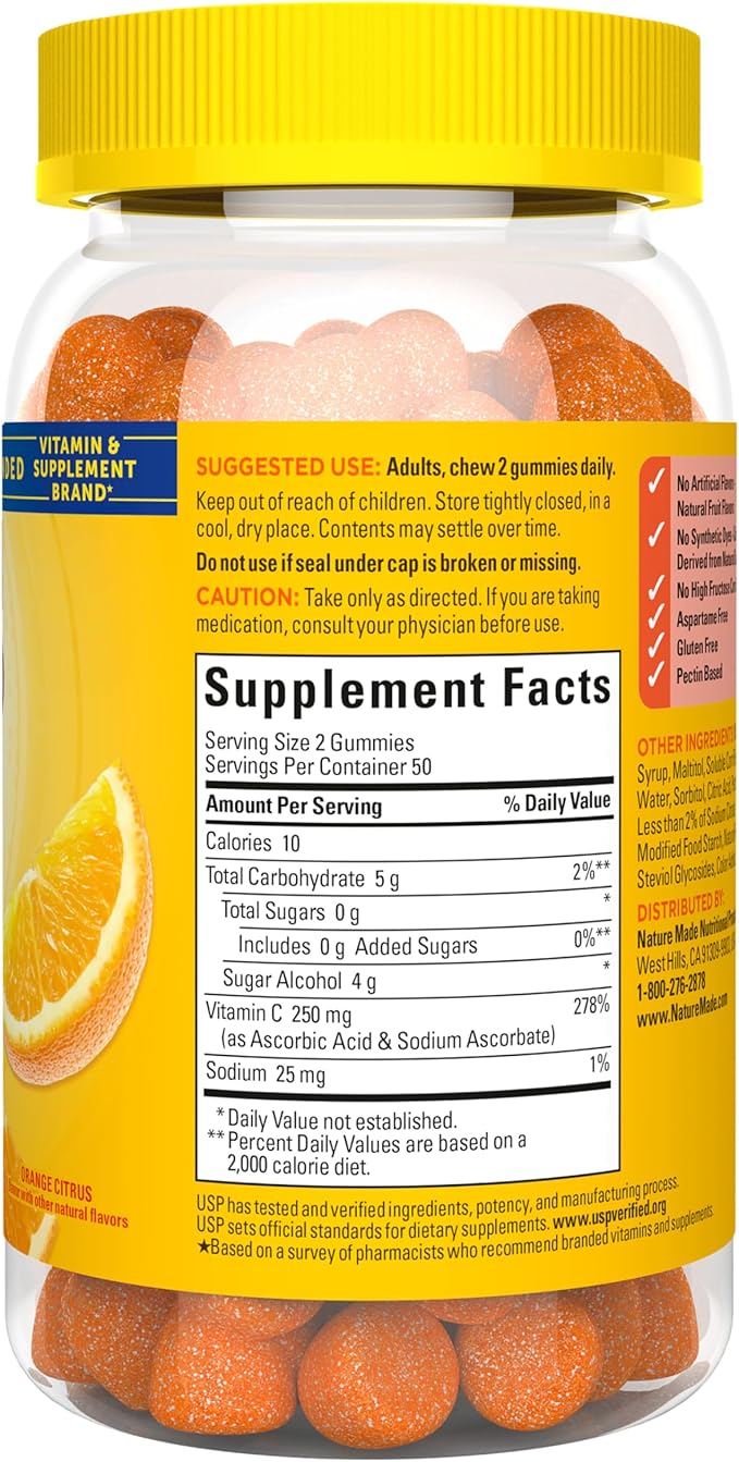 Nature Made Zero Sugar Vitamin C Gummies 250 mg Per Serving, Immune & Antioxidant Support, Aspartame Free, 100 Sugar Free Vitamin C Gummies, 50 Day Supply