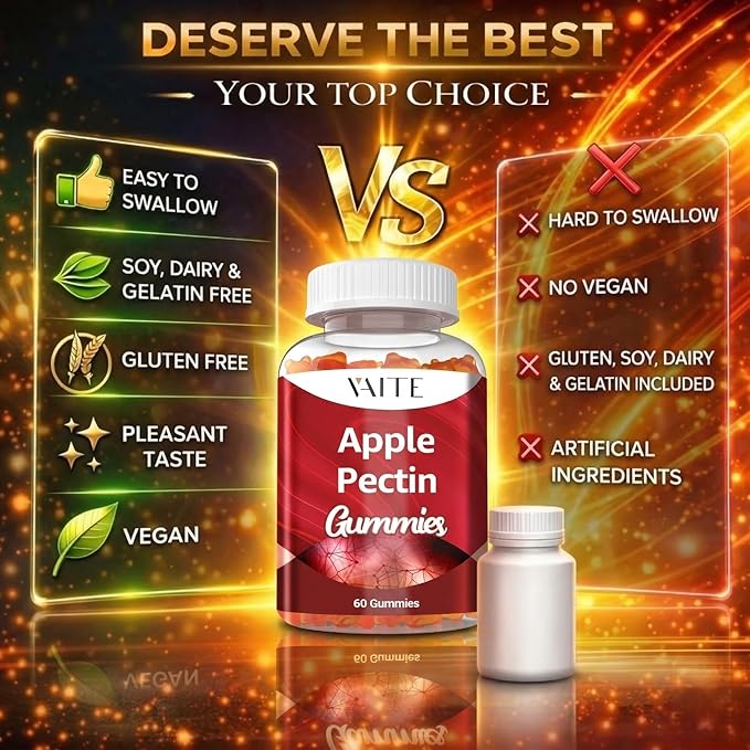 Apple Pectin Gummies - High-Fiber Supplement with 2000mg Natural Cholesterol Lower Support, Promotes Digestive Wellness & Stomach Comfort, Non-GMO & Gluten Free Herbal Supplements - 60 Vegan Gummy