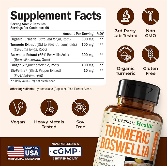 Boswellia Serrata Turmeric Supplement for Joint Support & Inflammation Balance – Turmeric Boswellia Supplement with Ginger & Black Pepper Extract for Enhanced Absorption – Non-GMO - 120 Capsules
