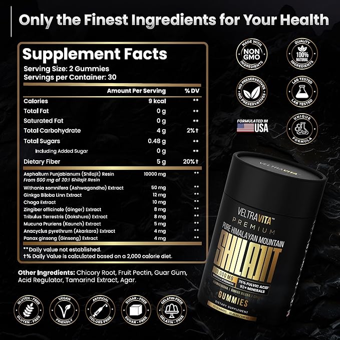 Pure Himalayan Shilajit Gummies with Ginkgo Biloba, Chaga & KSM-66 Ashwagandha | Shilajit for Men & Women | Max Potency | 76%+ Fulvic Acid & 92+ Trace Minerals | Sugar Free