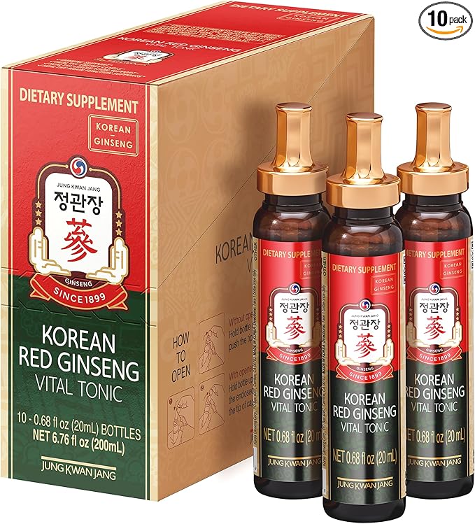 JUNG KWAN JANG Vital Tonic Korean Red Ginseng, Ginger, Fruit Blend Wellness Shots for Energy, Focus, Circulation and Immunity Supplement, 10 Count