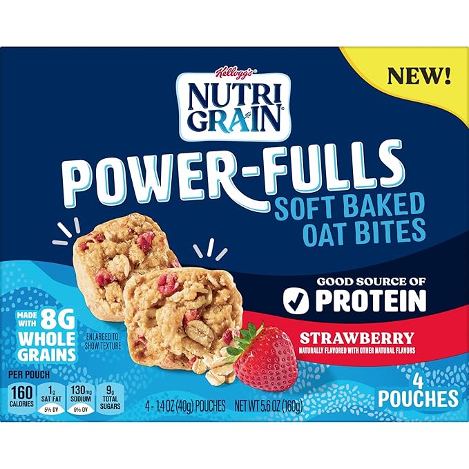 Nutri-Grain Power-Fulls Soft Baked Oat Bites, Protein Snacks, Whole Grain, Strawberry (5 Boxes, 20 Pouches)