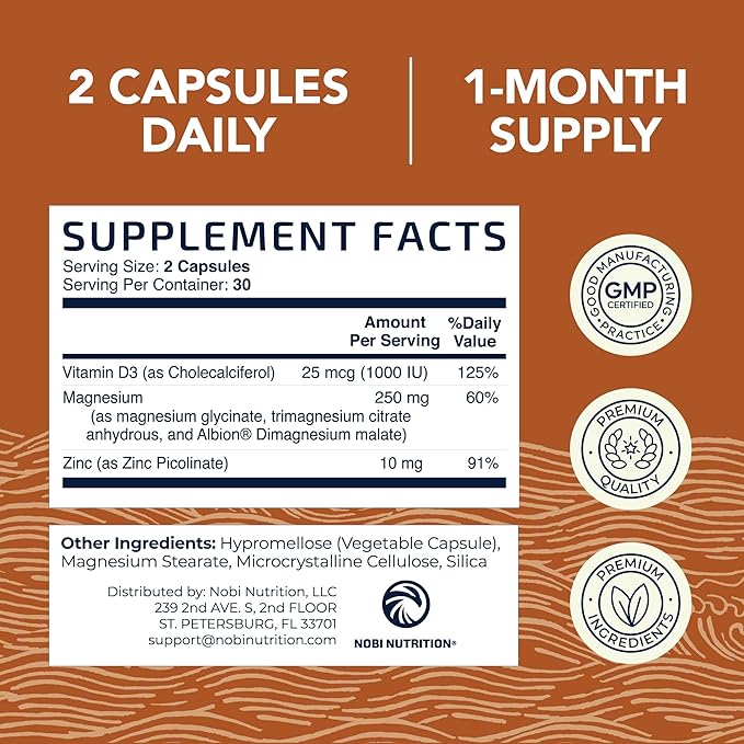 Magnesium Zinc & Vitamin D3 | 260MG Complex | High Absorption Mag Citrate, Glycinate & Malate | Muscle, Nerve Function & Bone Health Support | Zinc and Magnesium Supplement with VIT D3 | 60 Ct.