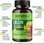 NATURELO Vegan Iron Supplement with Vitamin C and Organic Whole Foods - Gentle Iron Pills for Women & Men with Iron Deficiency Including Pregnancy, Anemia and Vegan Diets - 90 Mini Capsules