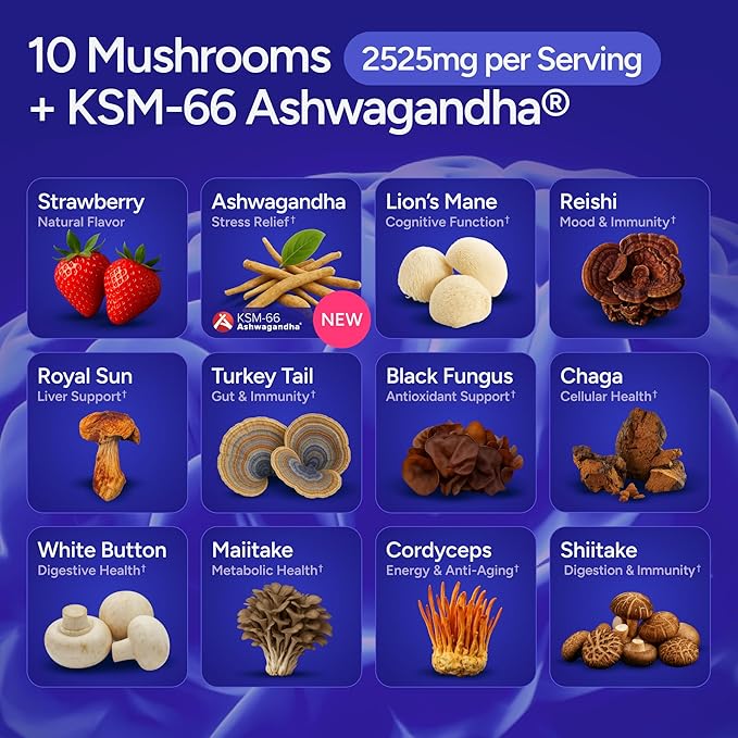 Sugar-Free Mushroom Gummies with KSM 66 Ashwagandha - Potent 10x Mushroom Supplement with Lions Mane, Chaga, Reishi, Mushroom Complex, Natural Stress Support, Calm Gummies, Nootropic Supplement