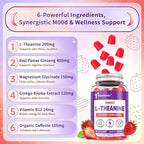 Vegan L-Theanine Gummies 200mg with Caffeine(100mg), Korean Red Ginseng & Ginkgo Biloba- Brain Supplement for Focus, Memory & Energy, Sugar-Free, No Jitters, 120 Counts