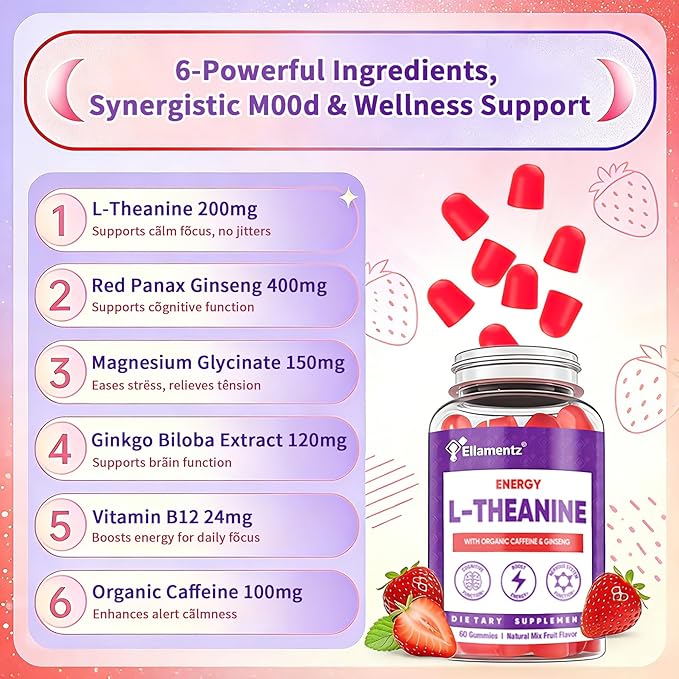 Vegan L-Theanine Gummies 200mg with Caffeine(100mg), Korean Red Ginseng & Ginkgo Biloba- Brain Supplement for Focus, Memory & Energy, Sugar-Free, No Jitters, 120 Counts