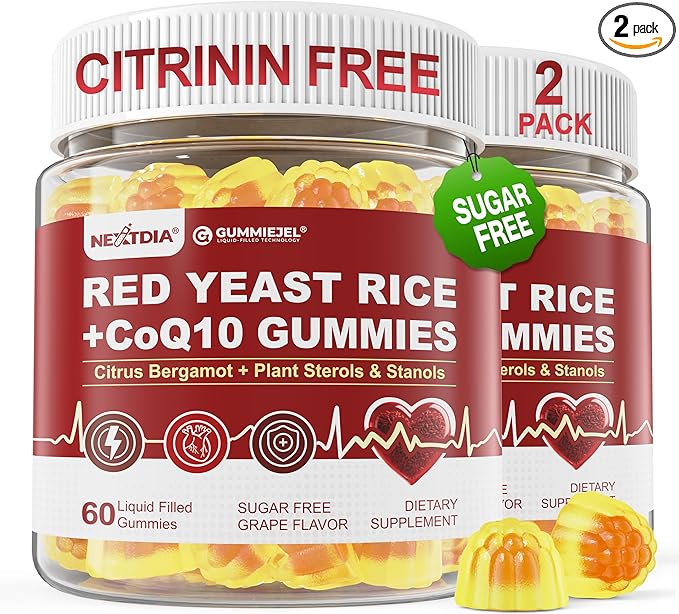 Red Yeast Rice Gummies 2400MG with CoQ10, Suagr Free Balanced Chṏlesterṏl Supplements Plus Citrus Bergamot, Plant Sterols & Stanols Supports Vḁsculḁr Health, Energy, Immunity for Age 50+,Vegan,60 Cts