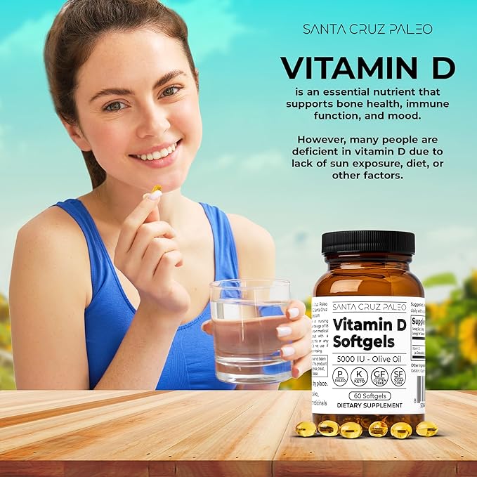 Santa Cruz Paleo Vitamin D3 5000 IU Softgels, Daily Supplement with Olive Oil for Men and Women, Formulated for Absorption, Supports Bone Health, Gluten Free, Sugar Free, Paleo, Keto, 60 Count