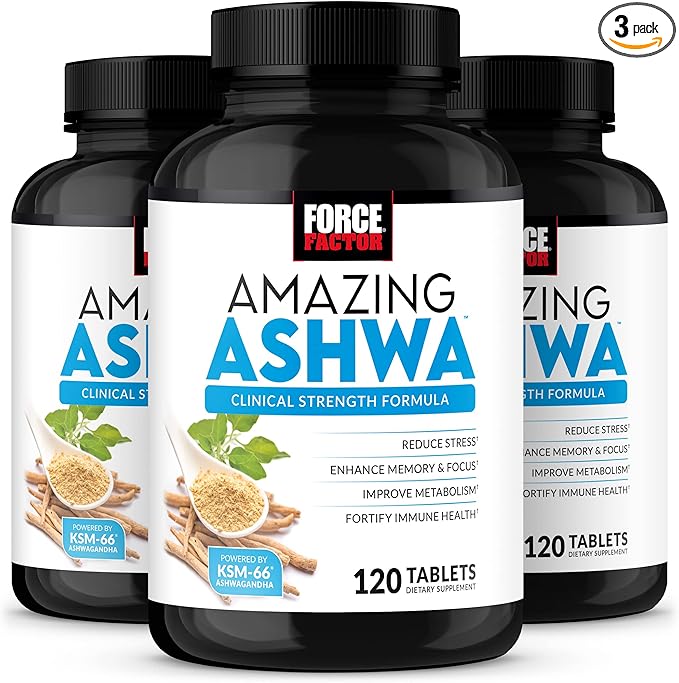 Force Factor Amazing Ashwa, KSM-66 Ashwagandha Supplement for Stress Relief, Focus, Memory, Immune Support, With Vitamins, Minerals & Antioxidants, Cortisol Supplements for Women, 360 Tablets (3-Pack)