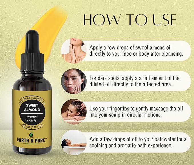Earth N Pure Sweet Almond Oil (Badam Oil) Cold Pressed, Therapeutic Grade for Body, Skin, Hair 30 ml