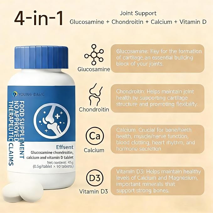 Glucosamine Chondroitin with Calcium + Vitamin D3, 4 in 1 Health Supplement for Joint Repair, Nourishment, strengthening and Reinforcement, Sugar Free Vegan, 90 Tablets Orally