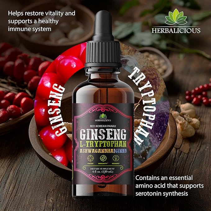 Red Korean Panax Ginseng Liquid Drops with L-Tryptophan, Ashwagandha & Ginkgo – Herbal Adaptogen Blend for Daily Wellness – Alcohol Free Liquid Supplement – 4 fl oz (120 mL)