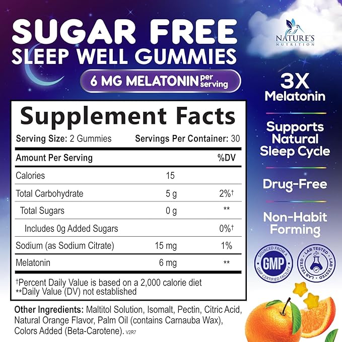 Melatonin Sleep Gummies - 6mg Per Serving - Sugar-Free Sleep Support Melatonin Gummy for Adults - Extra Strength Sleeping Gummy Supplement - Supports Restful Sleep - Tasty Orange Flavor - 60 Gummies