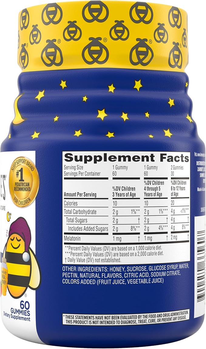 Zarbee's Kids Melatonin Gummies with 1mg Melatonin, Kids Sleep Gummy, Promotes Peaceful Sleep, Drug-Free, Non-Habit-Forming, Natural Strawberry, 60 ct